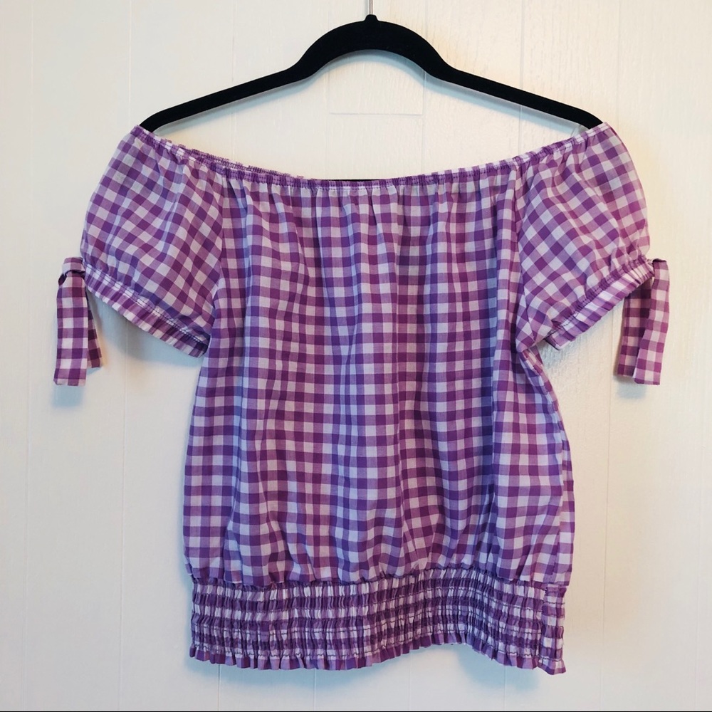Lilac Gingham Open Shoulder Top